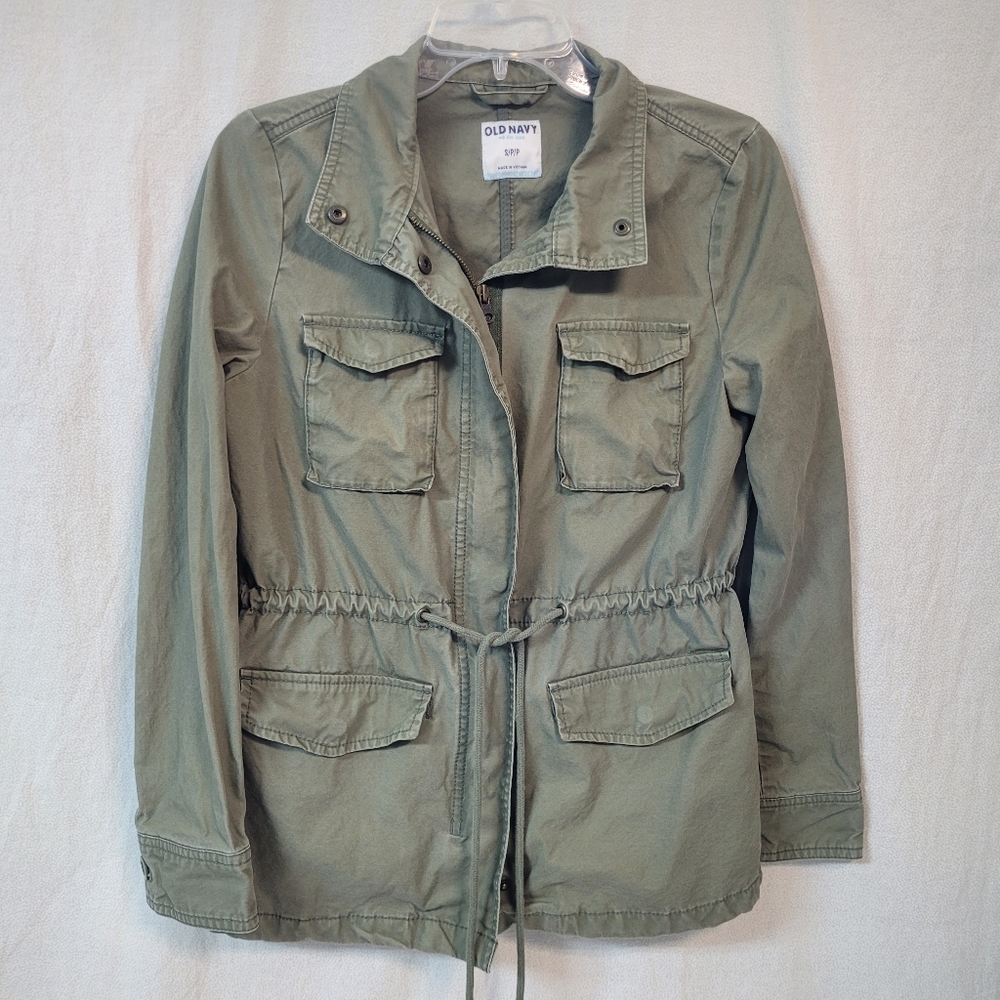 Old Navy Olive Utility Drawstring Jacket 100% cotton Full Zip Military- Womens S